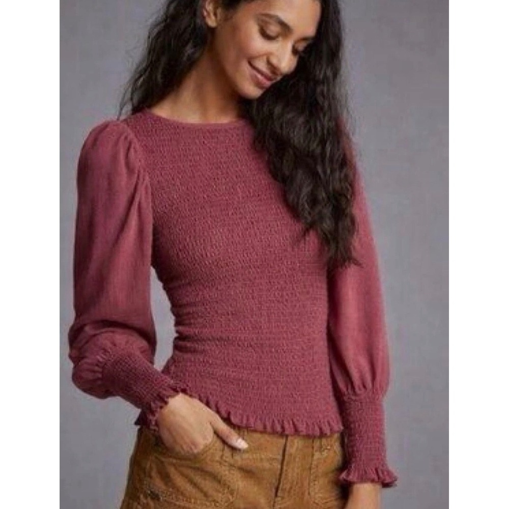 Anthropologie Smocked‎ Blouse Women XL Berry Puff Sleeve Ruffle Top Winter